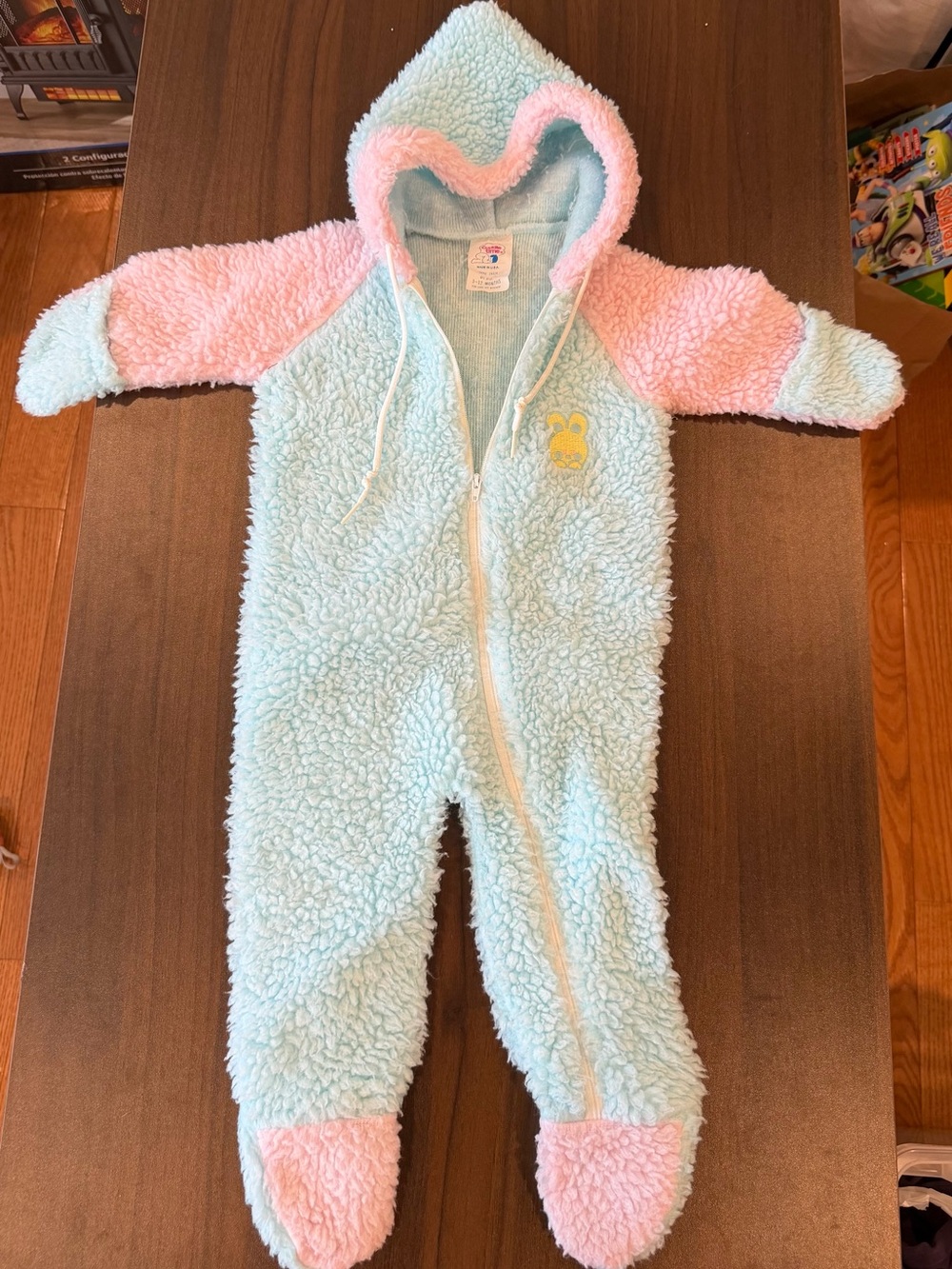 Vintage Cozy Pastel Sherpa Baby BunnySleeper Snowsuit Light Blue & Pink 3-12M